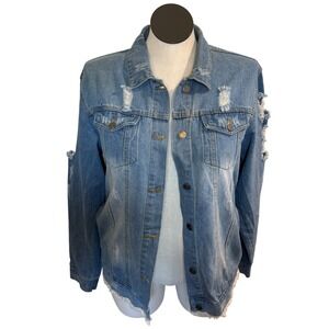 Between Us 2X Distressed Denim Jacket Ripped Oversized Light Wash Jean Coat
